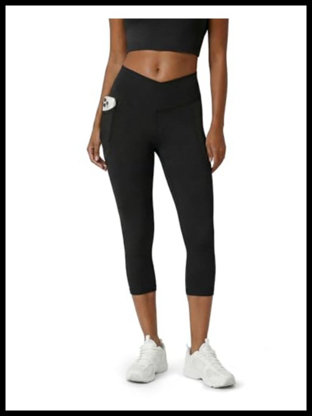 Yoga Capri Leggings High Rise Crossover Waist Side Pockets Nylon Spandex